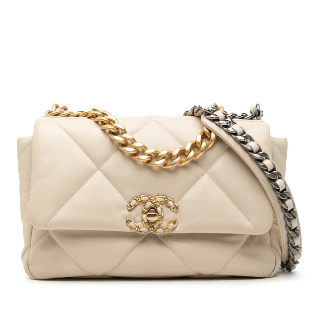 Beige Chanel Medium Lambskin 19 Flap Satchel in Beige Lambskin from Designer Revival