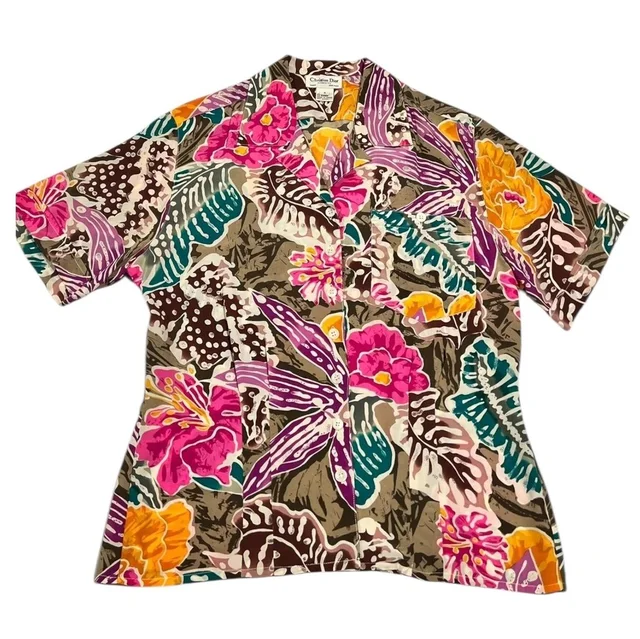 Dior Floral Silk Button-Up Shirt Women's Size 4 in brown|pink|red Silk from Poshmark