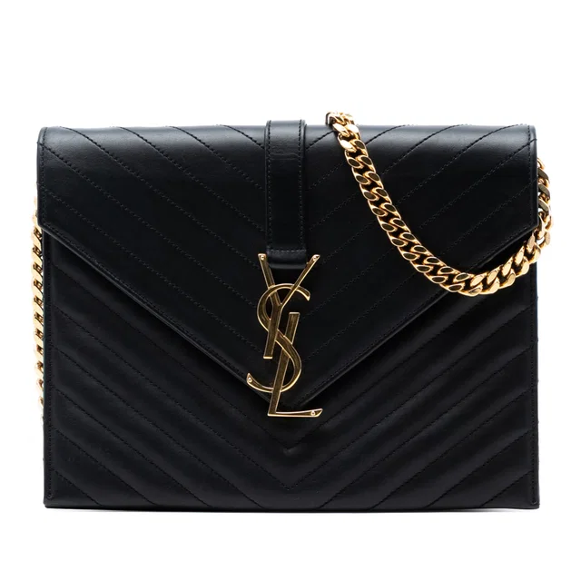 Black Saint Laurent Chevron Calfskin Classic Monogram Envelope Crossbody in Black Calfskin from Designer Revival