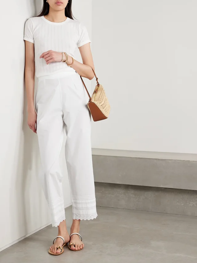 DÔEN Francisca broderie anglaise-trimmed pintucked organic cotton-poplin straight-leg pants in White, photo 2 of 2 from NET-A-PORTER (Canada)