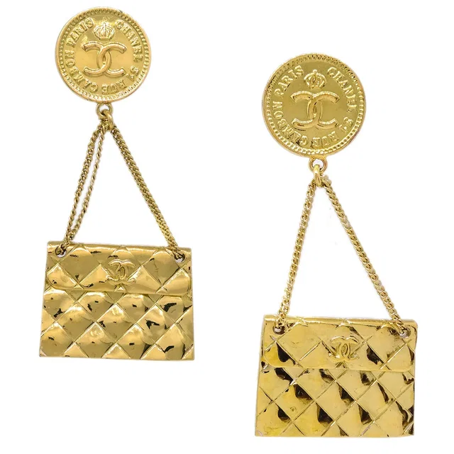 Chanel 1994 Bag Dangle Earrings Clip-On Gold in Gold from AMORE Vintage Tokyo
