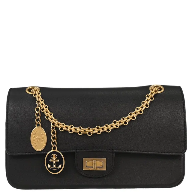 Chanel 2018-2019 Black Calfskin 2.55 Medium Classic Double Flap Shoulder Bag in Black Calfskin from AMORE Vintage Tokyo