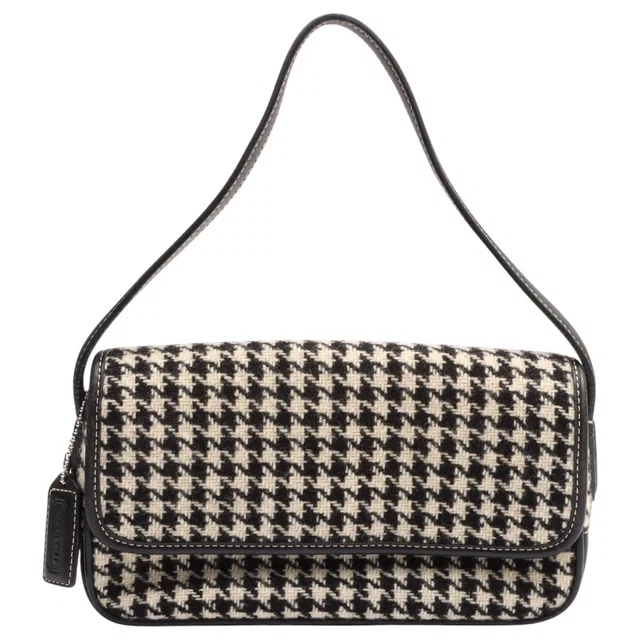 Coach Houndstooth Pattern Logo Charm Handbag Black/Ivory in Black Wool from VINTAGE QOO TOKYO