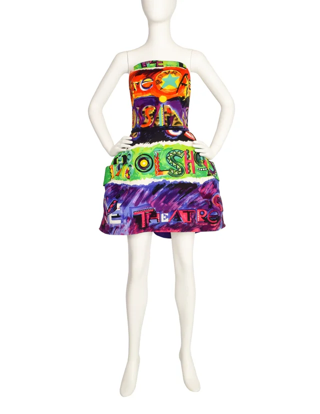 Versace Vintage 1991 Colorful Abstract Print Structured Runway Dress in Silk from Amarcord Vintage Fashion