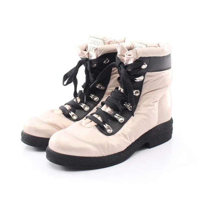 Chanel Boots Coconnege Winter Pink Beige Nylon Leather in Beige Nylon from The Reluxe