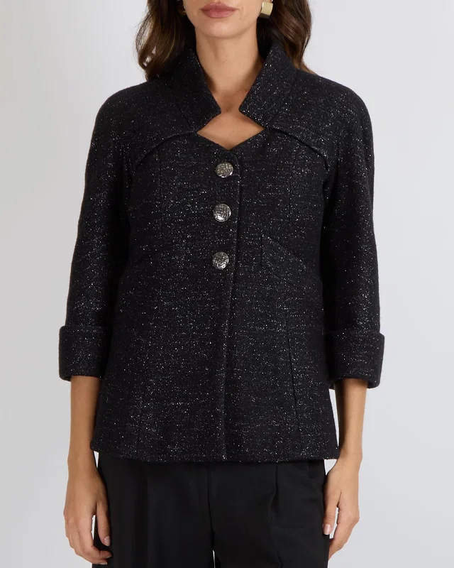 Chanel Metiers d'Art 2018 Black and Silver Wool Jacket with Logo Buttons Size FR 36 (UK 8) in Black Wool from Sellier