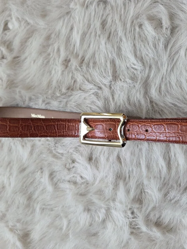 Max Mara Men's Brown Croc-Embossed Leather Belt With Gold Buckle in brown|red|gold Crocodile from Poshmark