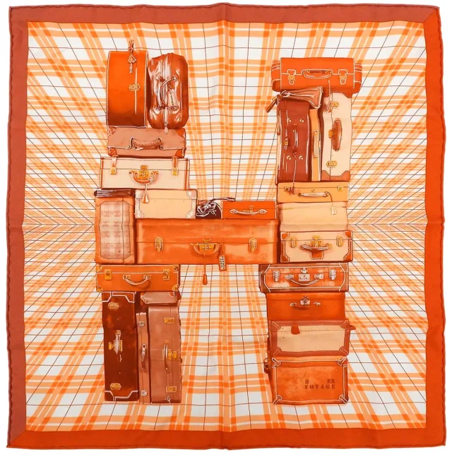 Hermès Carré 90 H EN VOYAGE Pattern Scarf Orange/Multi in Orange Silk from VINTAGE QOO TOKYO, photo 9 of 10