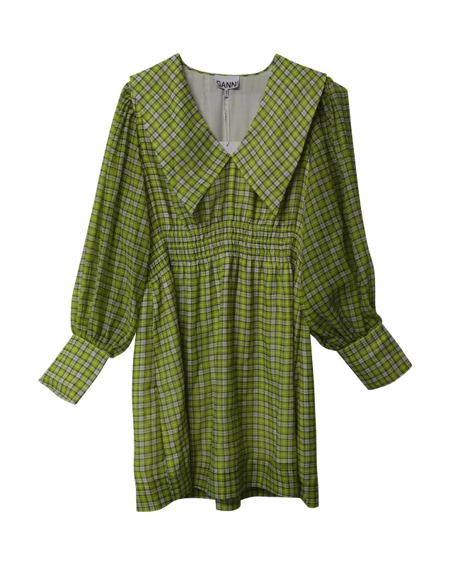 GANNI Wide Collar Smocked Mini Dress in Yellow Print Polyester in Yellow, photo 4 of 6 from ShopSimon