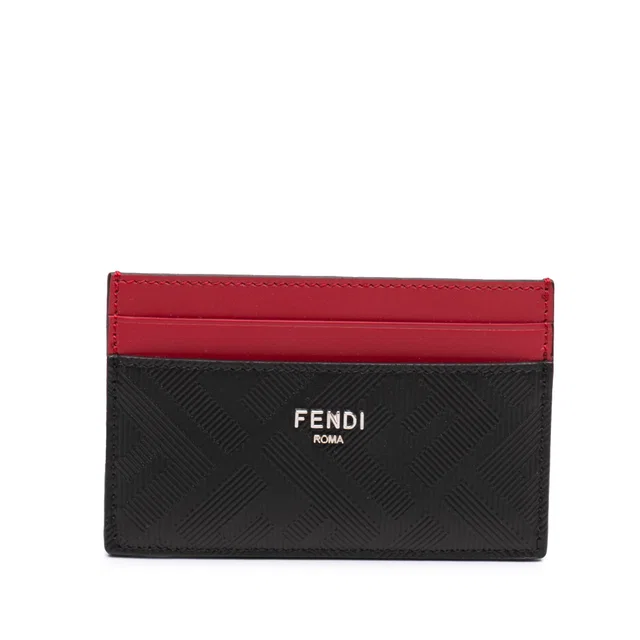 Black Fendi Zucca Shadow Calfskin Colorblock Card Holder in Black Calfskin from Designer Revival