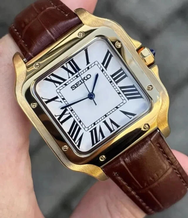 Seiko Vintage Rectangular Date White Roman Gold Leather Watch Nh35 in white Leather from Grailed