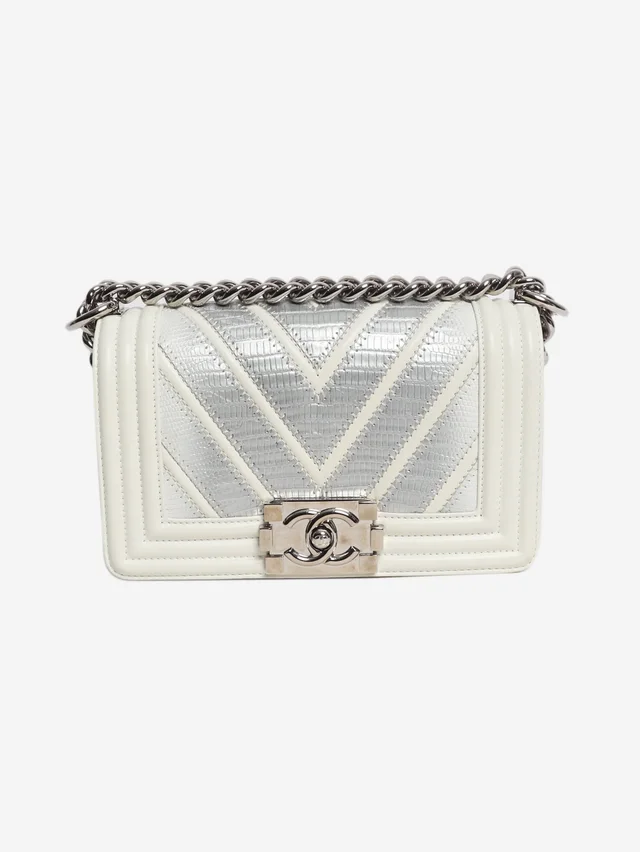 Chanel White 2016 small chevron lizard Boy bag in White Lizard from Sign of the Times