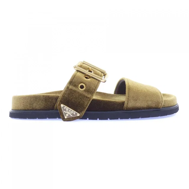 Prada Triangle Logo Slide Sandals in Velvet from The Reluxe