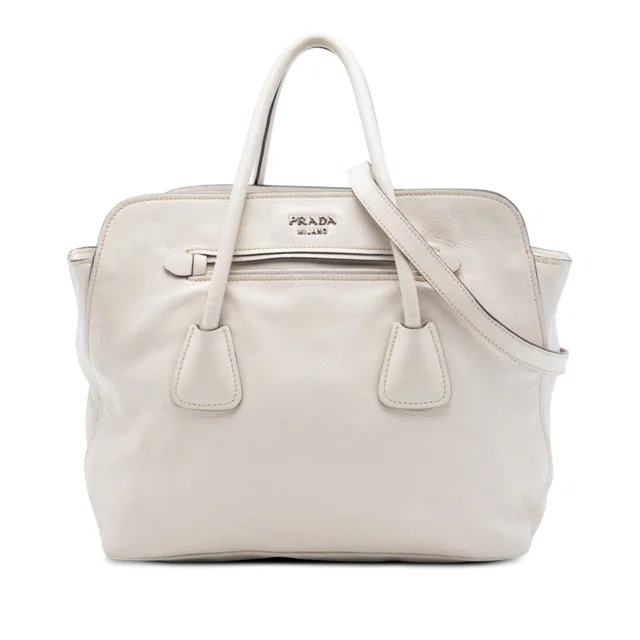 White Prada Soft Calf Convertible Shopping Tote Satchel in White Leather from Designer Revival