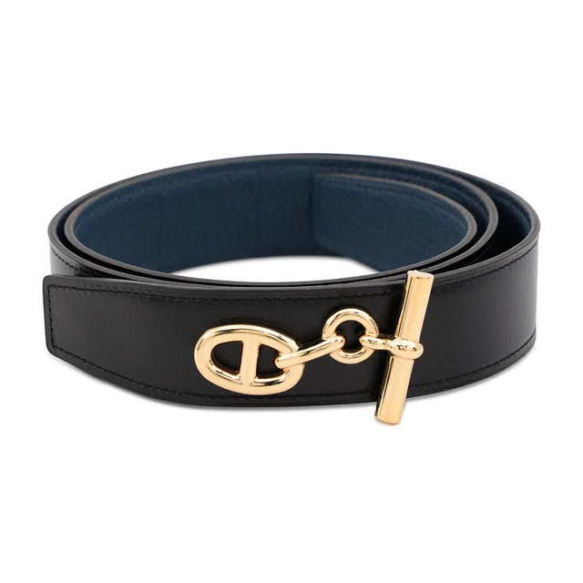 Hermès Yachting Chaine d'Ancre Belt Size 85 Black/Blue Nuit Swift Leather Togo Leather in Black Togo leather from GALLERY RARE
