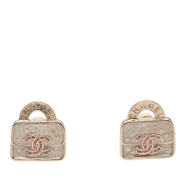 Gold Chanel CC Brass Resin Strass Top Handle Bag Push Back Earrings in Gold Resin from Designer Revival
