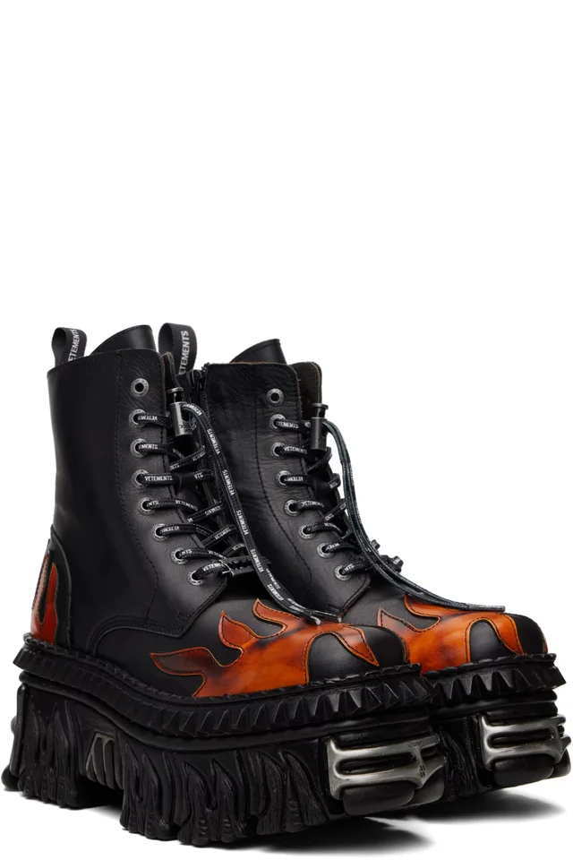 VETEMENTS Black New Rock Edition Flame Combat Boots, photo 4 of 5 from SSENSE