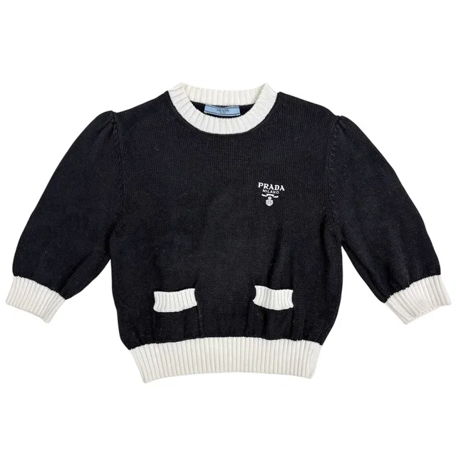 Prada Logo Crew Neck Sweater Short Sleeve Top Knit Cotton Black in Black from The Reluxe