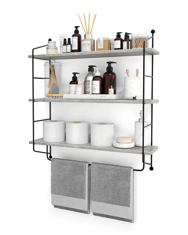 Sorbus 3-Tier Grey Wooden Floating Shelves With Metal Brackets, image 1 of 1 from Rue La La