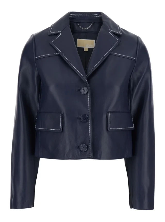 Blue Jacket with Notched Revers and Contrast Stitching in Leather Women in Blue, image 1 of 1 from Gaudenzi Boutique