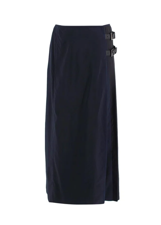 Prada Navy and Black Pleated Midi Skirt with Buckle Detail in Black Silk from HEWI
