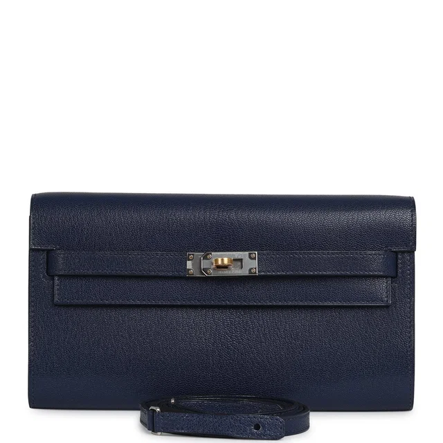 Hermès Kelly Wallet To Go Bleu Saphir Chevre Chamkila Electrum Hardware in Blue Goatskin from Madison Avenue Couture