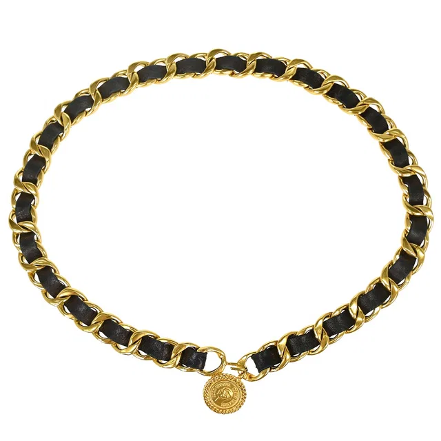 Chanel Chain Belt Medallion Gold Black Small Good in Black Leather from AMORE Vintage Tokyo