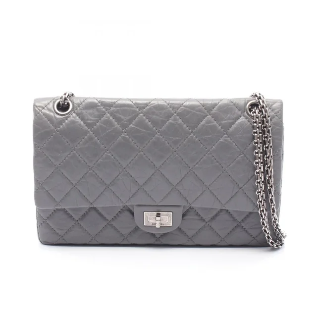 Chanel Shoulder Bag 2.55 Quilted Double Flap Gray Calfskin Chain in Grey Calfskin from The Reluxe