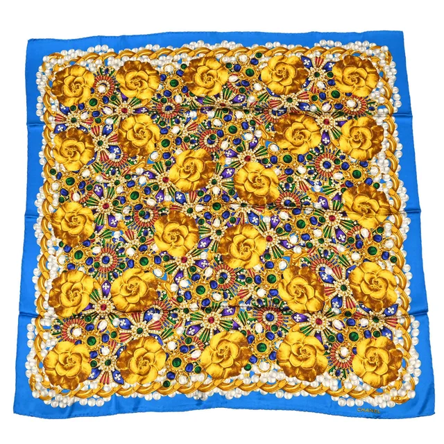 Chanel Gold Blue Camellia Scarf Small Good in Blue Silk from AMORE Vintage Tokyo
