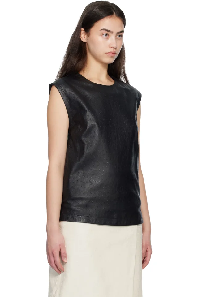 Loulou de Saison Black FIZA Ostrich-Effect Leather Blouse, photo 2 of 4 from SSENSE