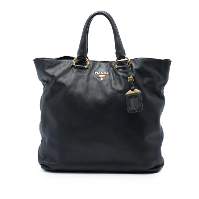 Black Prada Soft Calf Open Convertible Tote Satchel in Black Leather from Designer Revival