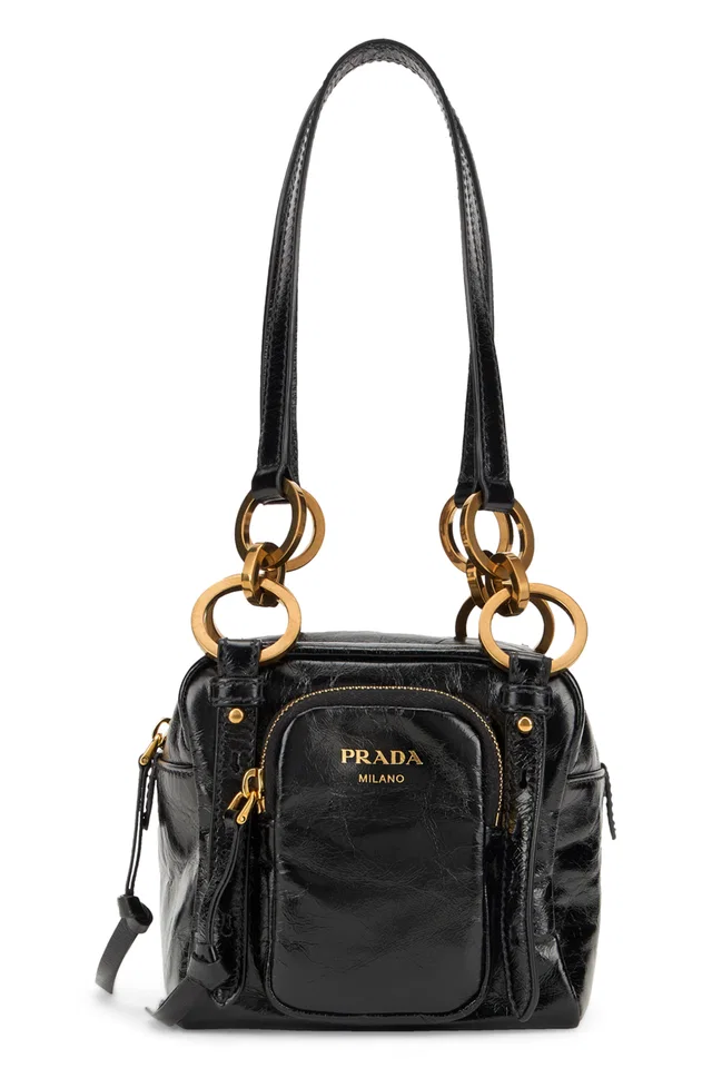 Prada Leather Dangle Ring Shoulder Bag — Black Calf in Black Leather from HEWI