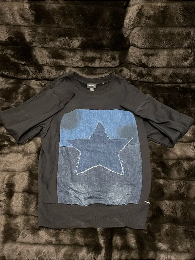 Diesel Black Crewneck Sweatshirt With Denim Star Patch in black|blue Denim from Poshmark