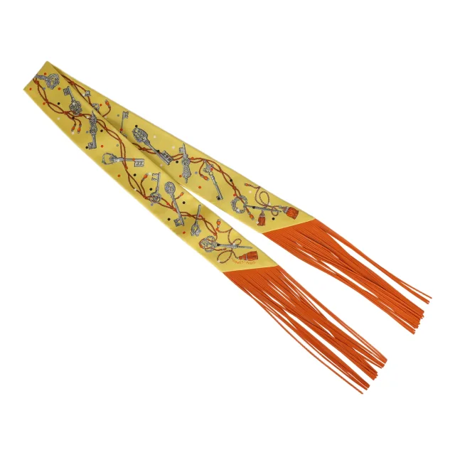 Hermès "Les Cles a Pois" Jaune, Argent and Orange Vif Fringe Silk Twilly in Orange Silk from Madison Avenue Couture, photo 2 of 4
