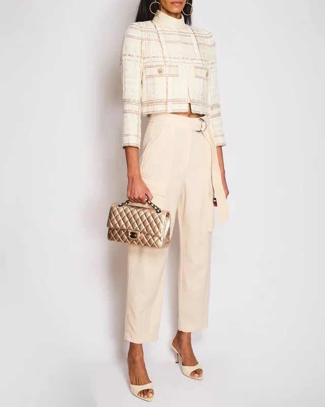 Brunello Cucinelli Cream Wool Belted Cargo Trousers with Silver Buckle Detail Size IT 38 (UK 6) in White Wool from Sellier
