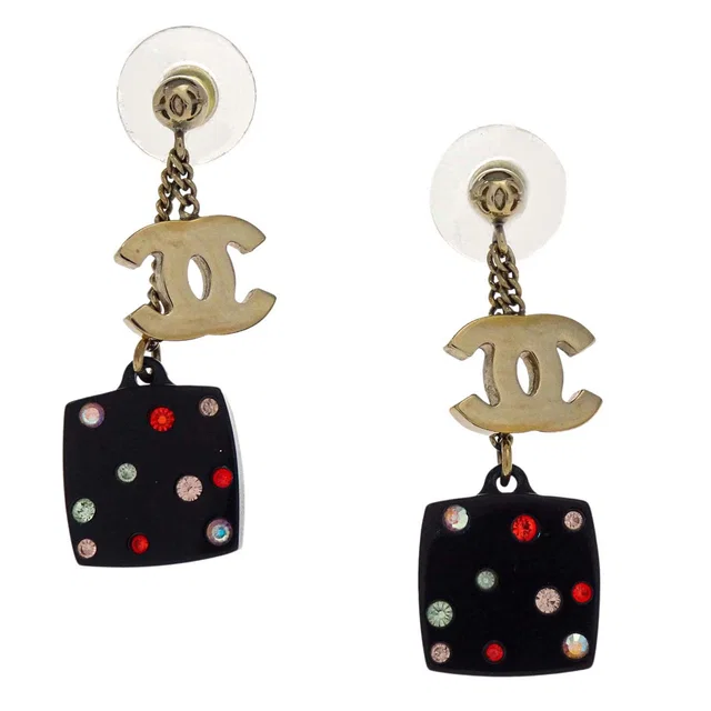 Chanel CC Dangle Square Pierced Earrings Gold Mirror Rhinestone 04A in Gold Resin from AMORE Vintage Tokyo