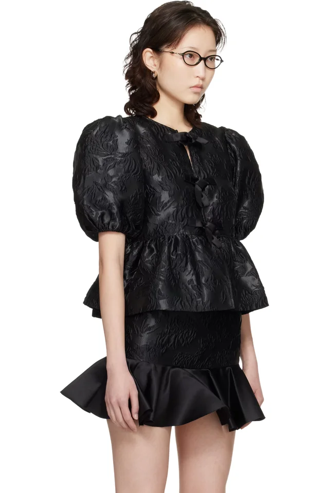 GANNI Black Satin Peplum Tie Blouse, photo 2 of 4 from SSENSE