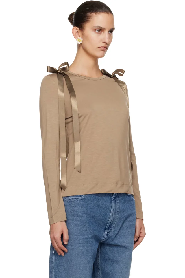 Simone Rocha Tan Bow Ribbon Tail Long Sleeve T-shirt, photo 2 of 4 from SSENSE