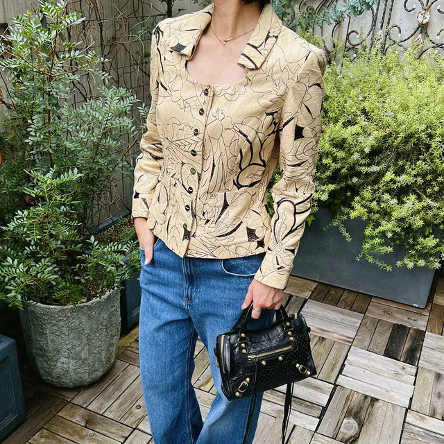 Ferragamo Leather Flower Pattern Jacket #42 Beige in Beige Leather from VINTAGE QOO TOKYO