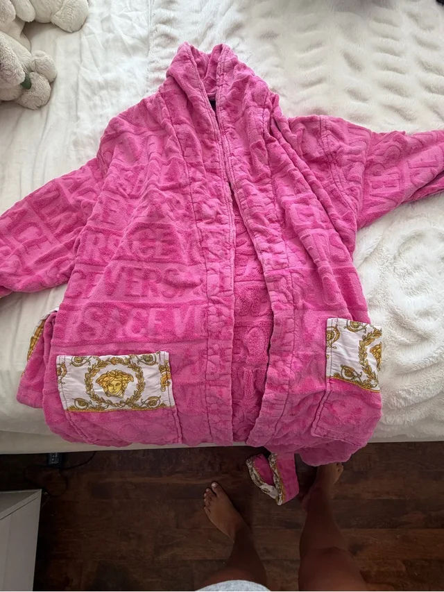 Versace Pink Hooded Plush Robe With Medusa Pocket Detail in gold|pink from Poshmark