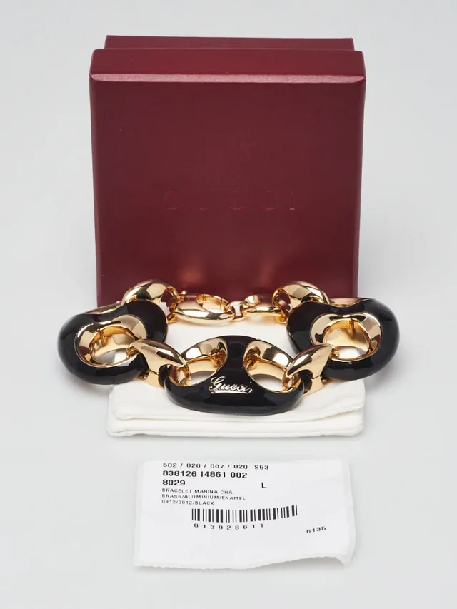 Gucci Goldtone Metal and Black Enamel Marina Chain Link Bracelet Size L in Black from Yoogis, photo 3 of 6