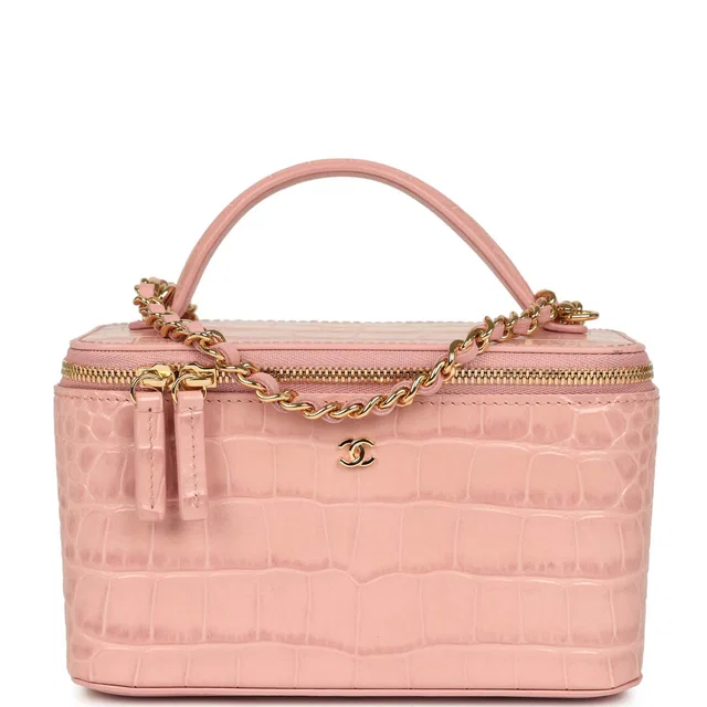 Chanel Small Top Handle Vanity Case Light Pink Croc Embossed Calfskin Gold Hardware in Pink Calfskin from Madison Avenue Couture