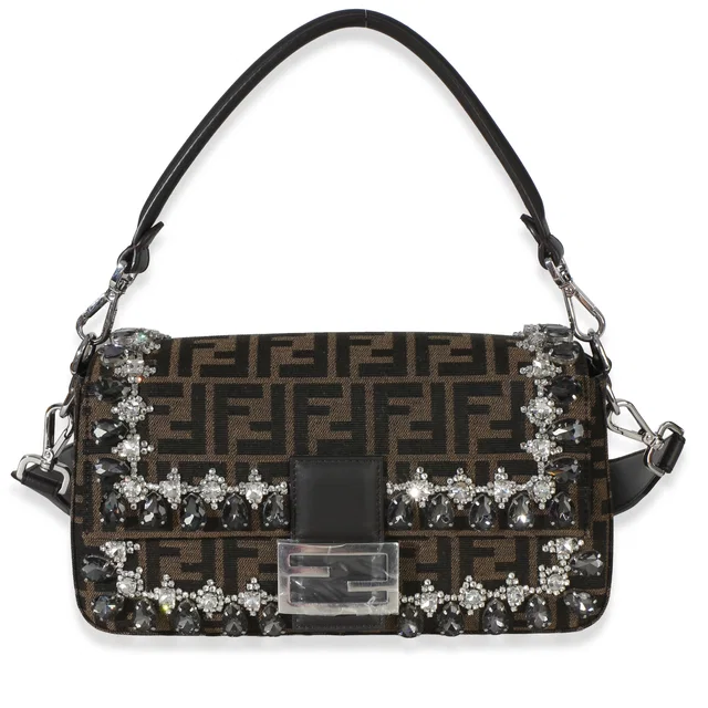 Fendi Brown FF Jacquard Strass Crystal Embellished Baguette Bag in Brown Canvas from myGemma
