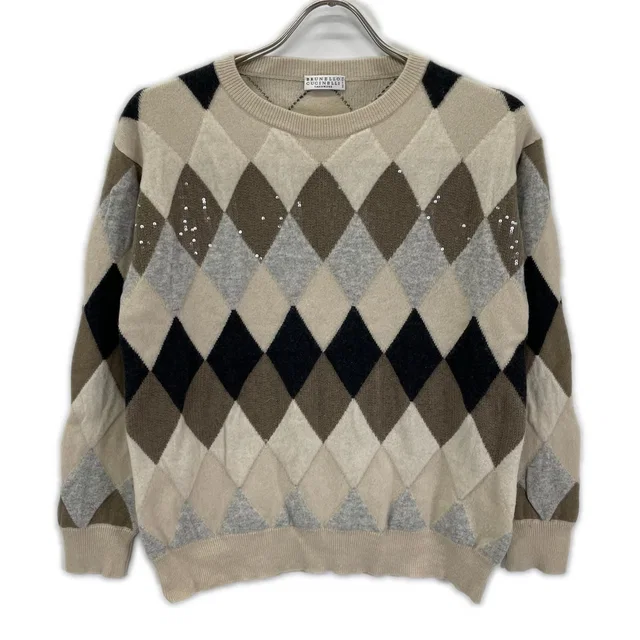 Brunello Cucinelli Wool Cashmere Argyle Check Knit Top Sweater in White Cashmere from The Reluxe