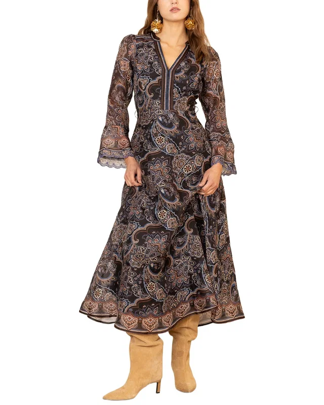 Hale Bob Artemis Long Sleeve Silk & Linen-Blend Midi Dress, image 1 of 1 from Rue La La