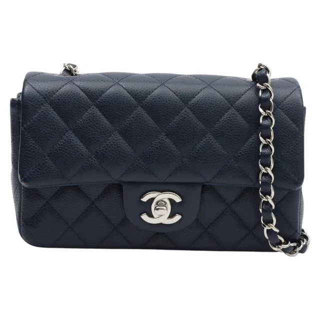 Chanel Circa 2014 Caviar Skin CC Turn-Lock Chain Shoulder Bag Mini Navy in Navy Caviar leather from VINTAGE QOO TOKYO