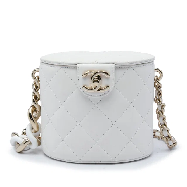 White Chanel CC Lambskin Elegant Chain Vanity Case Crossbody Bag in White Lambskin from Designer Revival