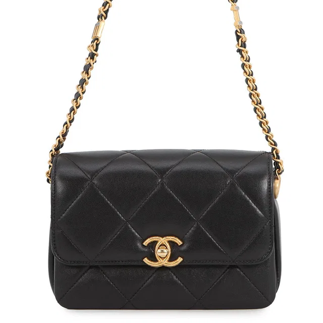 Chanel Matelasse Single Flap Chain Logo Shoulder Bag BlackAS4862 B16572 Lambskin in Lambskin from GALLERY RARE
