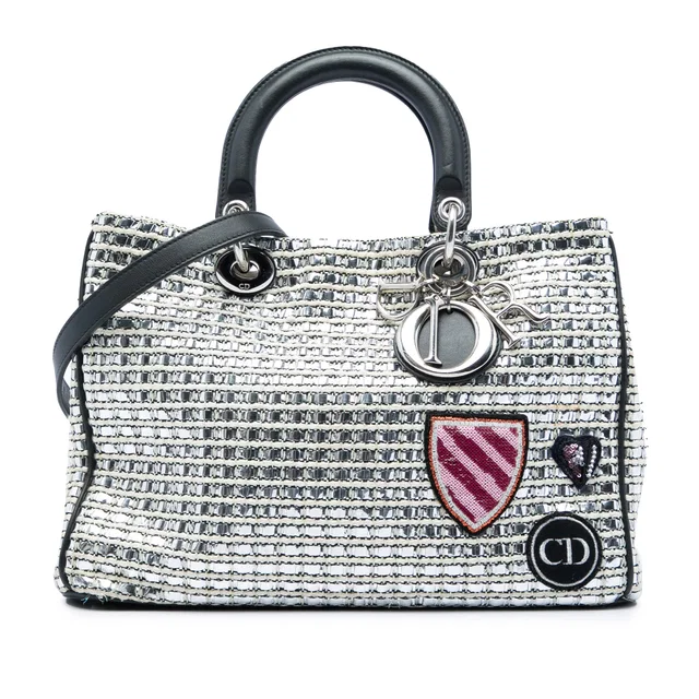 Silver Dior Medium Metallic Tweed Patch Diorissimo Satchel in Silver Tweed from Designer Revival