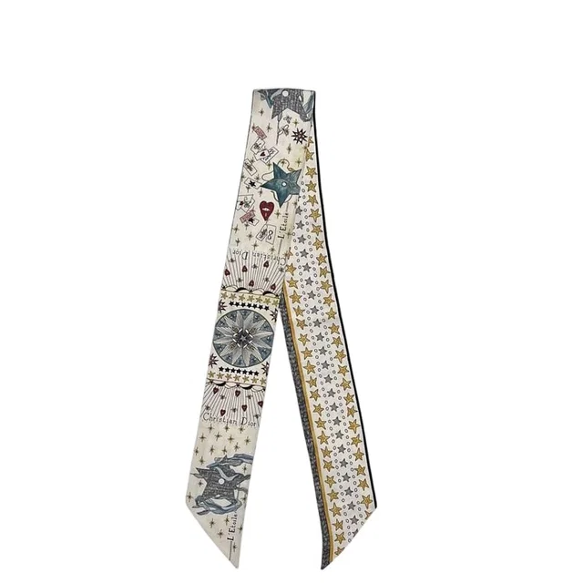 Dior Ribbon Scarf Mitzah L'etoile White Multicolor Already Cleaned Star Pattern in White Silk from The Reluxe